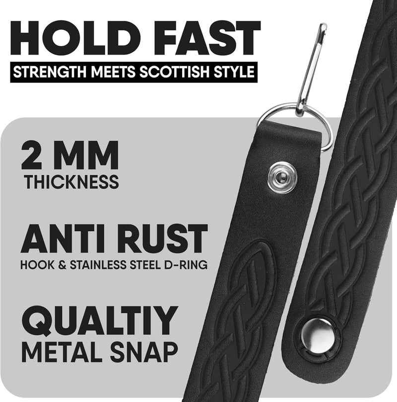 EZE Sporran Hangers Suspenders Straps- Pair Of Celtic Embossed & Plain Genuine Leather Suspenders with Metal D-Ring & Hook - Image 3
